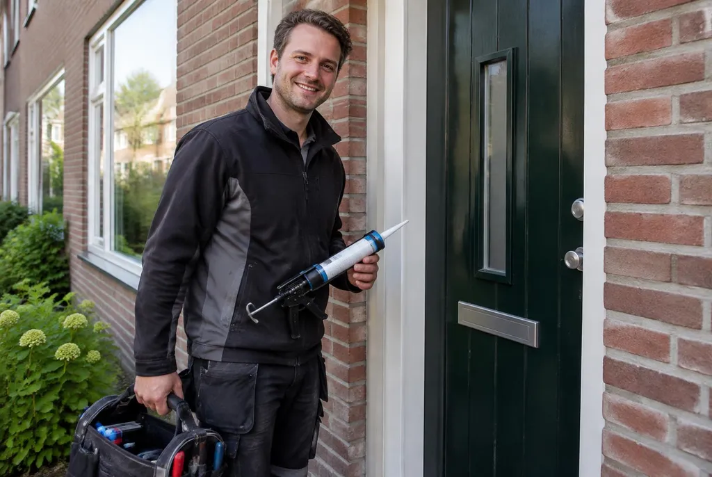 Vakman van Kitbedrijf Leerdam bij de voordeur van een woning